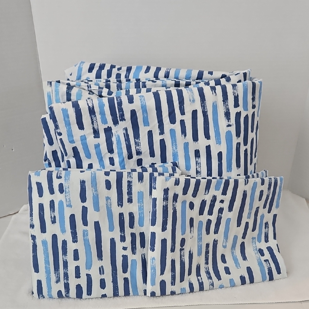 Brooklinen Blues White Abstract Stripes Cotton Queen Duvet 2 King Pillow Shams